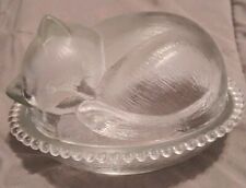 Vtg Indiana - Clear Glass Covered Trinket Dish - Sleeping Cat / Kitten On Nest  picture