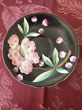 Vintage Hand Painted Tea Plate Pink Flower Against Black background. 5.5” picture
