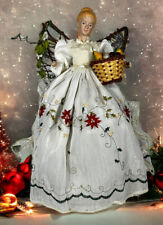 Christmas Angel Embroidered White Poinsettia Tabletop Tree Topper 16” Wood Wings picture