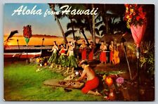 Hawaii Aloha from sunset luau view dancers musicians 1950s unused postcard picture