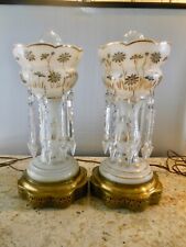 Antique Pair (2) of German Lustre Ware Mantle Lamps ~ White/Gold/Silver w/Prisms picture