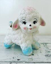 Vintage Ceramic Curly Lamb Planter, Blue, Pink, White Bow Made in Japan C. 1950s picture