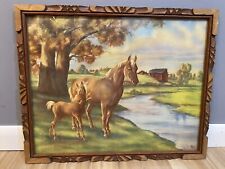 1940’s Horse and Foal Picture, Folk Art Carved Frame. Vintage. Excellent picture