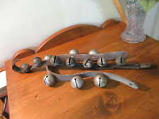 2 ANTIQUE LEATHER STRAPS OF 7 BRASS & 6 CHROME SLEIGH BELLS for parts picture
