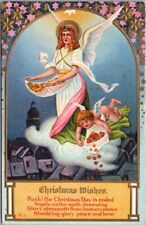 Vintage 1910s CHRISTMAS WISHES Embossed Postcard Angel Girl w/ Toys / UNUSED picture