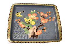 Vintage Daher England Metal Tray Asian Blue Coral Gold Floral Butterflies 6x7.75 picture