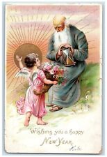 1907 New Year Angel Cornucopia Flowers Father Time Hourglass Embossed Postcard picture