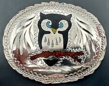 Vintage Owl Western Tooled Belt Buckle Stone Turquoise Inlay Indian Head on Back picture