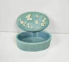 Vintage Blue Oval Soapstone Trinket Box Marbled Butterflies Flowers Design Gifts picture