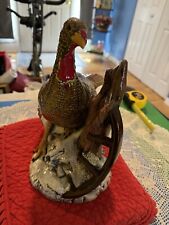 VTG Ceramic Turkey figurine standing by a ceramic wood/wheel 12 x 13 inches picture