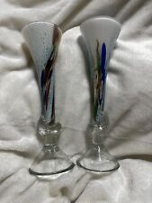 Pair Of Hand Blown Glass Vases BluesGreens And Reds Seashell Detail At Base  picture