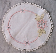 Pair of vintage ivory linen hand floral pink embroidery doilies 10