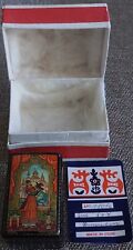 1950'S MSTERA RUSSIAN LACQUERED PAPER MACHE BOX W/ PAPERWORK, LINED COTTON BOX picture