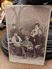 Later 1800s cabinet card photograph group very dapper men nice painted backdrop picture