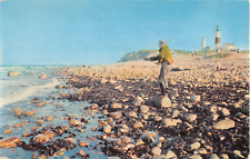 1950's Fisherman on Shore & Montauk Lighthouse Montauk LI NY post card picture