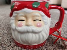 3D Santa Red White w/ Green Holly Leaf Mug w/ Lid Top 14 oz Ceramic picture