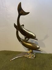 LARGE VINTAGE BRASS DOUBLE DOLPHIN SCULPTURE STATUE SWIMMING NAUATICAL  15
