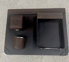 Vtg Bombay Brown Leather  Woven  Desk Set Box Letter Holder Pen Cup Blotter picture