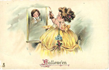 Halloween Postcard Raphael Tuck,#803,Victorian,Dress,Girl,Looking,Mirror,Candle picture