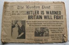 September 10, 1938 Boston Post Newspaper HITLER IS WARNED BRITAIN WILL FIGHT  picture