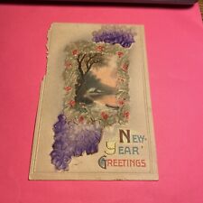 (1) Antique Portrait “New Year Greetings” Cottage Flowers Postcard 1919 picture