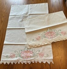 Pretty Pair Vintage White Cotton Embroidered Pillowcases Pink Lotus Flowers picture