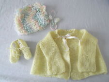vtg baby Lot 3 Hand knit newborn girl yellow sweater bootie hat DELICATE MINT picture