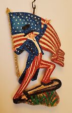 UNCLE SAM w LARGE FLAG & CANNON  * Glitter PATRIOTIC JULY 4 ORNAMENT * Vtg Img picture