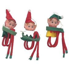 3 Vintage Small Knee Huggers Elves Elf Ornament Christmas Decor Red Green picture