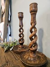 Antique English Oak Carved Twist Wooden Candlesticks picture