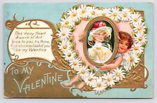 c1910 Valentine Victorian Lady Cupid Daisy Gold Embossed Antique Art Postcard picture
