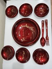 VINTAGE LARGE LACQUER WOOD 9 PC JAPANESE HAND PAINTED SALAD RICE BOWL SET picture