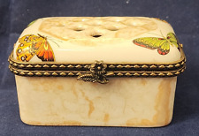 Vintage Tiny Butterfly Trinket Box Porcelain Metal Clasp picture