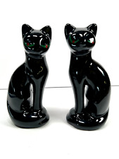 vtg Pair (x2) Mid-Century Modern Ceramic Black Cats Bookends Statues halloween picture