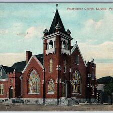 c1909 Laramie, WY Presbyterian Church Stained Glass Bell Tower Postcard Wyo A196 picture