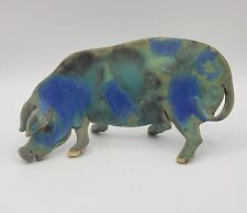 Vtg Handmade Ceramic Pig 3D Stamped Signed Different Rare Unique Blue Green picture