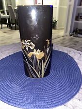 Vintage Asahi Japan Black Vase Iris Dragonfly Gold And Silver 10 3/4
