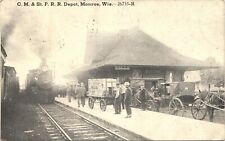 MONROE WISCONSIN TRAIN DEPOT c1910 antique postcard railroad station picture