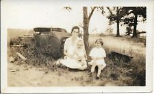 Lady Two Children Photograph Sitting 1920s Old Car Outdoors 2 3/4 x 4 5/8 picture