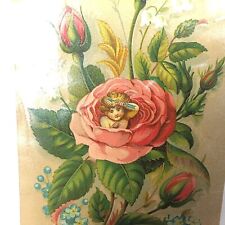 Antique Victorian Lithograph Baby in Flower 1880's TRUE & CO Butterfly Rose Pink picture
