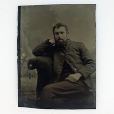 Casual Rested Bearded Man Tintype c1870 Antique 1/6 Plate Studio Photo A4053 picture