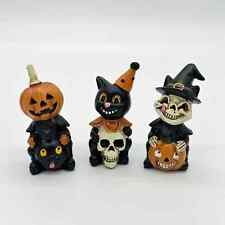 3 Transpac Mini Vintage Style Halloween Figures Black Cat Skeleton Pumpkin Man picture