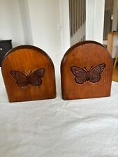 Vintage wood embossed bookends. Butterfly design. One pair picture