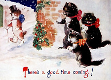 Repro Winter Postcard: Cats Throw Snowballs at Well Dressed Dog  picture