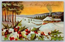 Merry Christmas~House In Countryside W/ Chimney Smoke~Holly~Embossed~Vintage PC picture