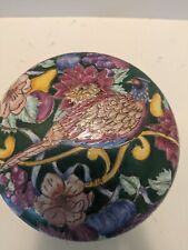 Vtg 8 Inch Hand Painted Asian Trinket Dish With Lid. Multicolor Bird And Flowers picture