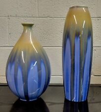 Mid Century Modern Pair Of Vintage Blue Drip Glazed Ceramic Vases Vessels 1960s picture