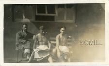 B23 Antique Photo Handsome Shirtless Young Men Bench Reading Paper Petting Dog picture