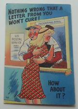 Vintage 1940s Comic Linen Postcard U.S. POSTAL SERVICE CLERK HUGS PRETTY WOMAN picture
