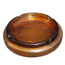 Vintage 1970s Amber Glass Round Cigar Party Ashtray Inlay Bottom Wood Holder MCM picture